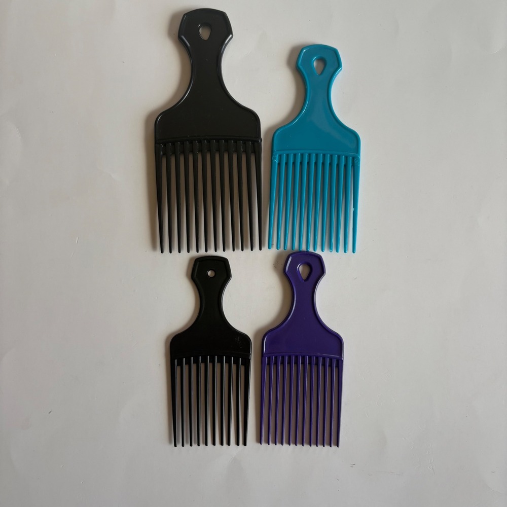 Lot of 4 Hair Picks Combs Plastic Detangling Styling Tools Black Blue Purple